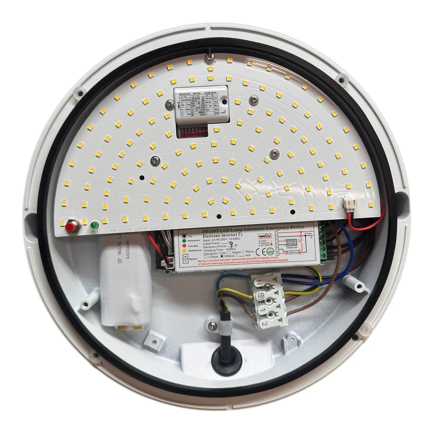 Interior view of round LED ceiling light showing yellow LED chips, electronic inverter, battery backup, and wiring components