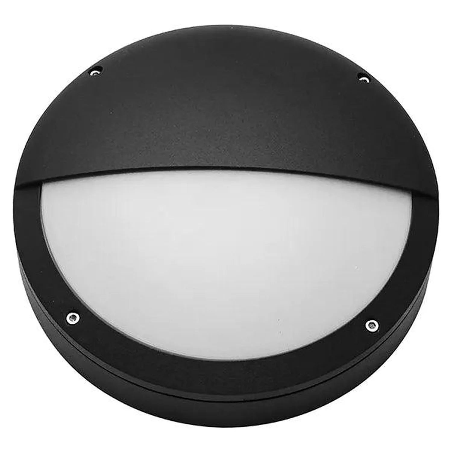 Black round outdoor wall light with white frosted lens and metal eyelid shade, mounted view.