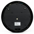 Rear view of circular black LED bulkhead light showing specifications label, mounting holes, and electrical connector.