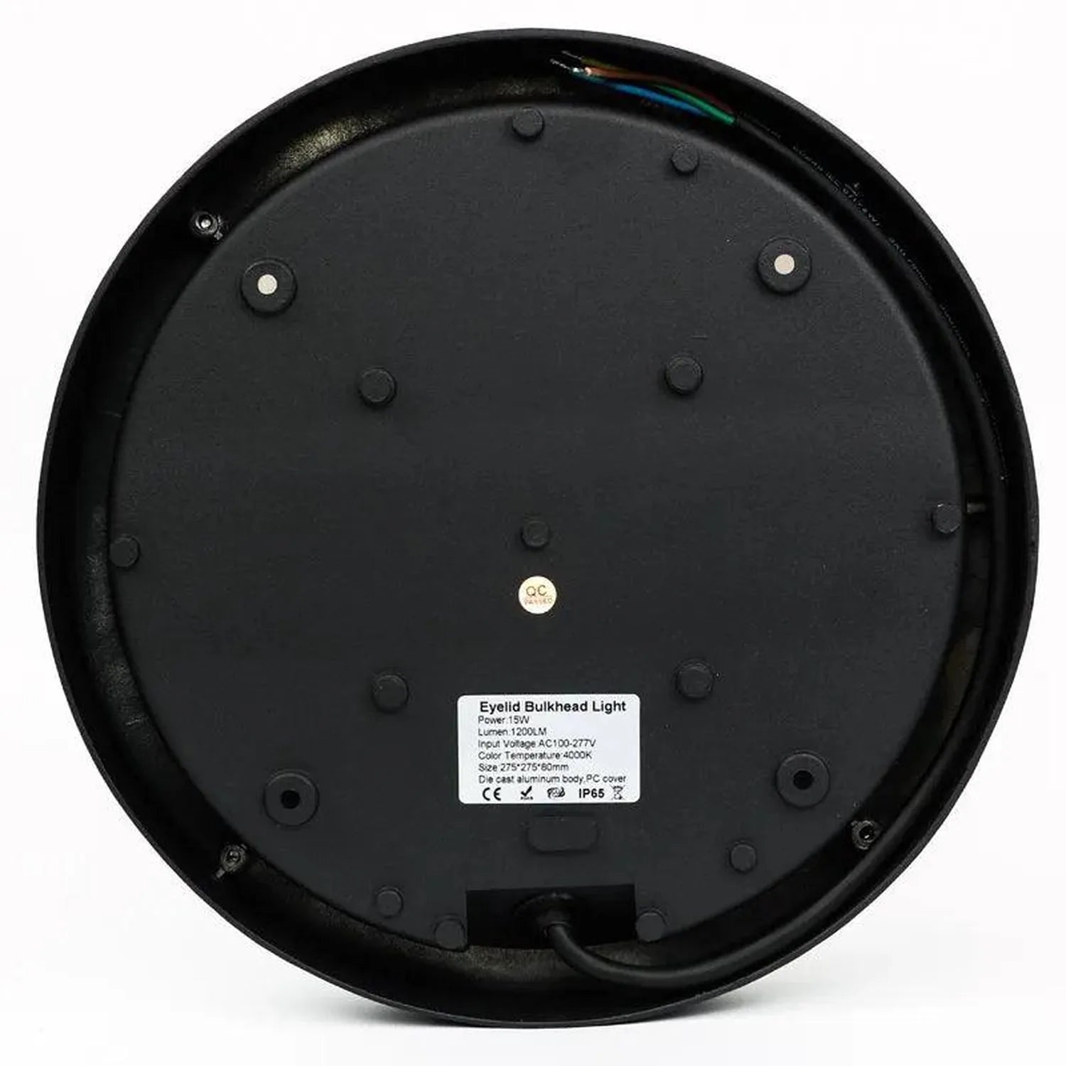 Rear view of circular black LED bulkhead light showing specifications label, mounting holes, and electrical connector.