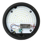 Interior view of round LED wall light showing white PCB with yellow SMD LEDs, HLB-15W-HL driver, wiring, and black rubber gas