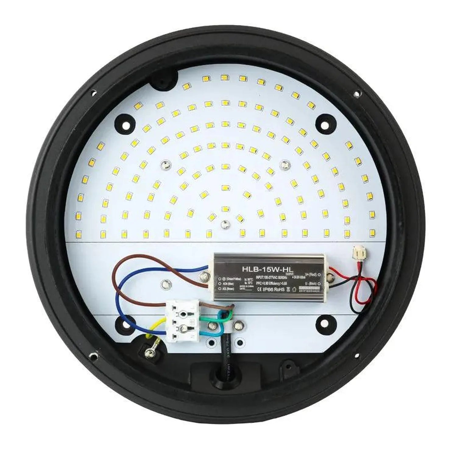 Interior view of round LED wall light showing white PCB with yellow SMD LEDs, HLB-15W-HL driver, wiring, and black rubber gas