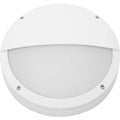 White circular outdoor wall light with half-moon design, frosted diffuser, and mounting hardware visible.