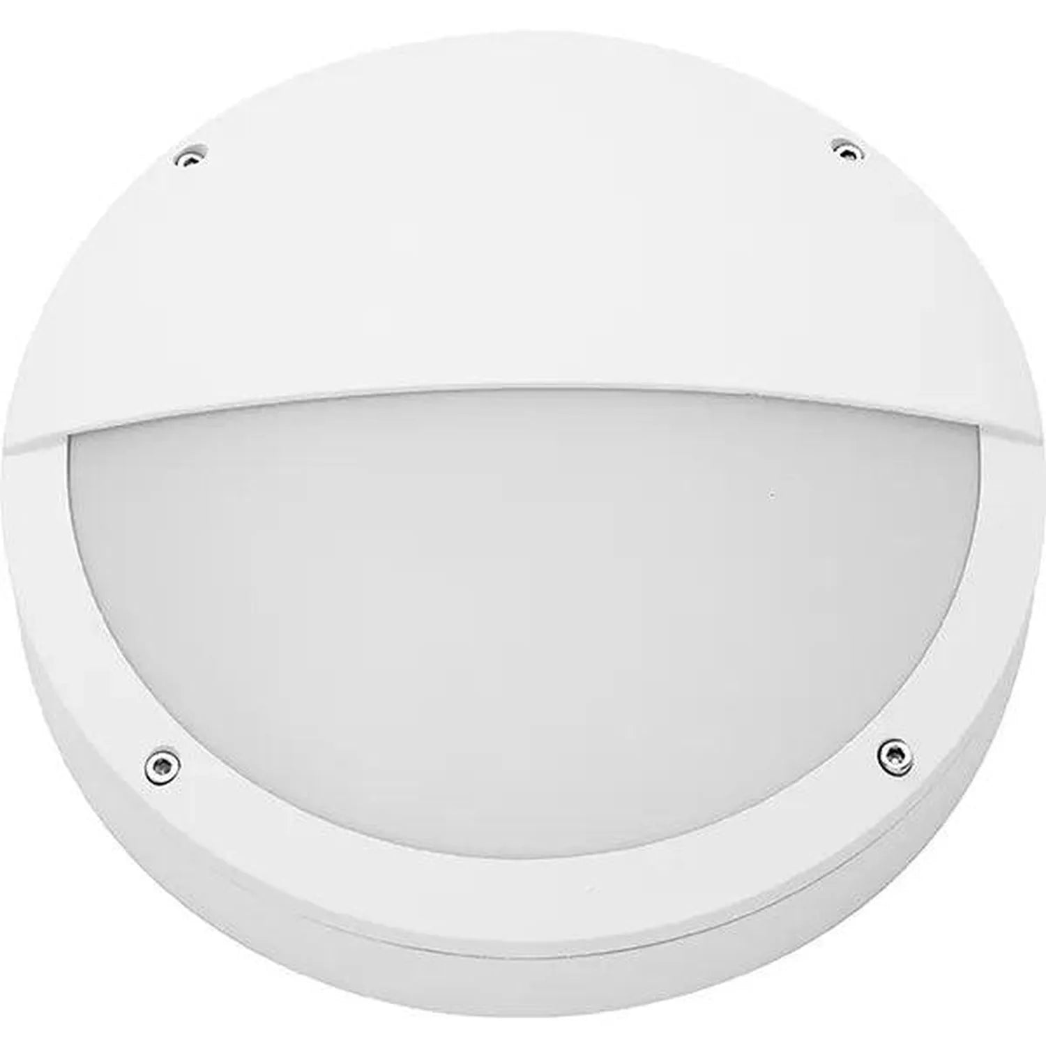 White circular outdoor wall light with half-moon design, frosted diffuser, and mounting hardware visible.