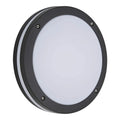 Round black LED outdoor wall light with frosted diffuser and four mounting screws visible against white background.
