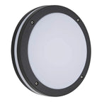 Round black LED outdoor wall light with frosted diffuser and four mounting screws visible against white background.