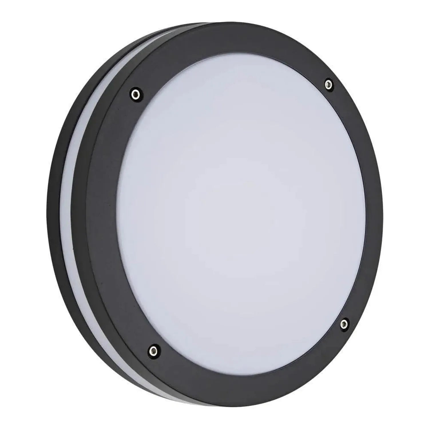 Round black LED outdoor wall light with frosted diffuser and four mounting screws visible against white background.