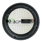 Bottom view of round LED panel light showing 80+ small yellow LEDs, driver circuit labeled HLB-20W-HL, and wiring components 