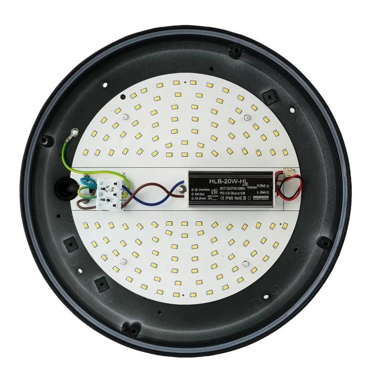 Bottom view of round LED panel light showing 80+ small yellow LEDs, driver circuit labeled HLB-20W-HL, and wiring components 