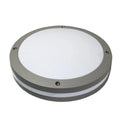 Round gray LED wall light with white diffuser and mounting screws visible, product shot on white background.