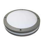 Round gray LED wall light with white diffuser and mounting screws visible, product shot on white background.
