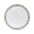 Gray round outdoor wall light with white diffuser and four visible screws, product shot on white background.