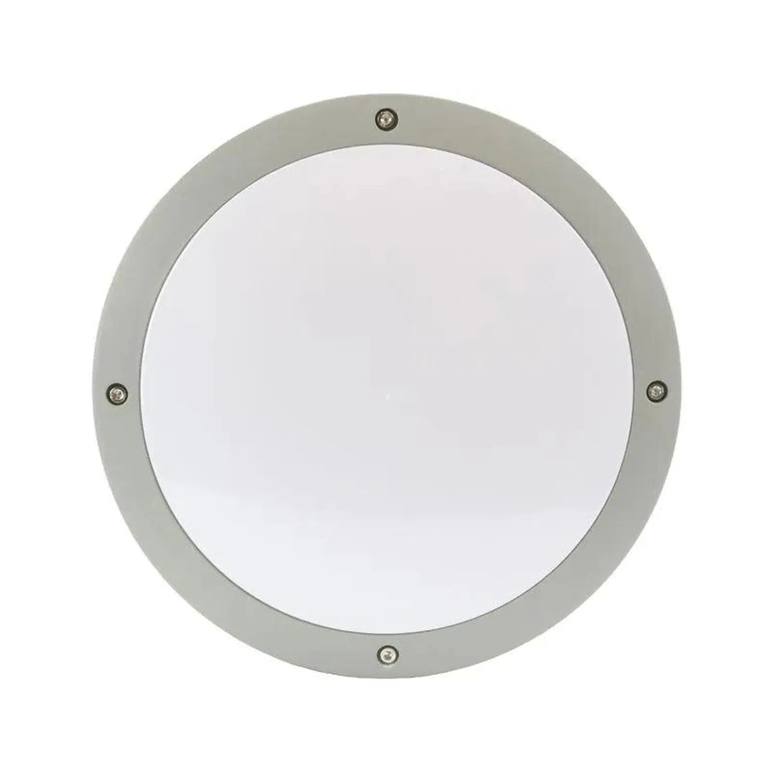 Gray round outdoor wall light with white diffuser and four visible screws, product shot on white background.