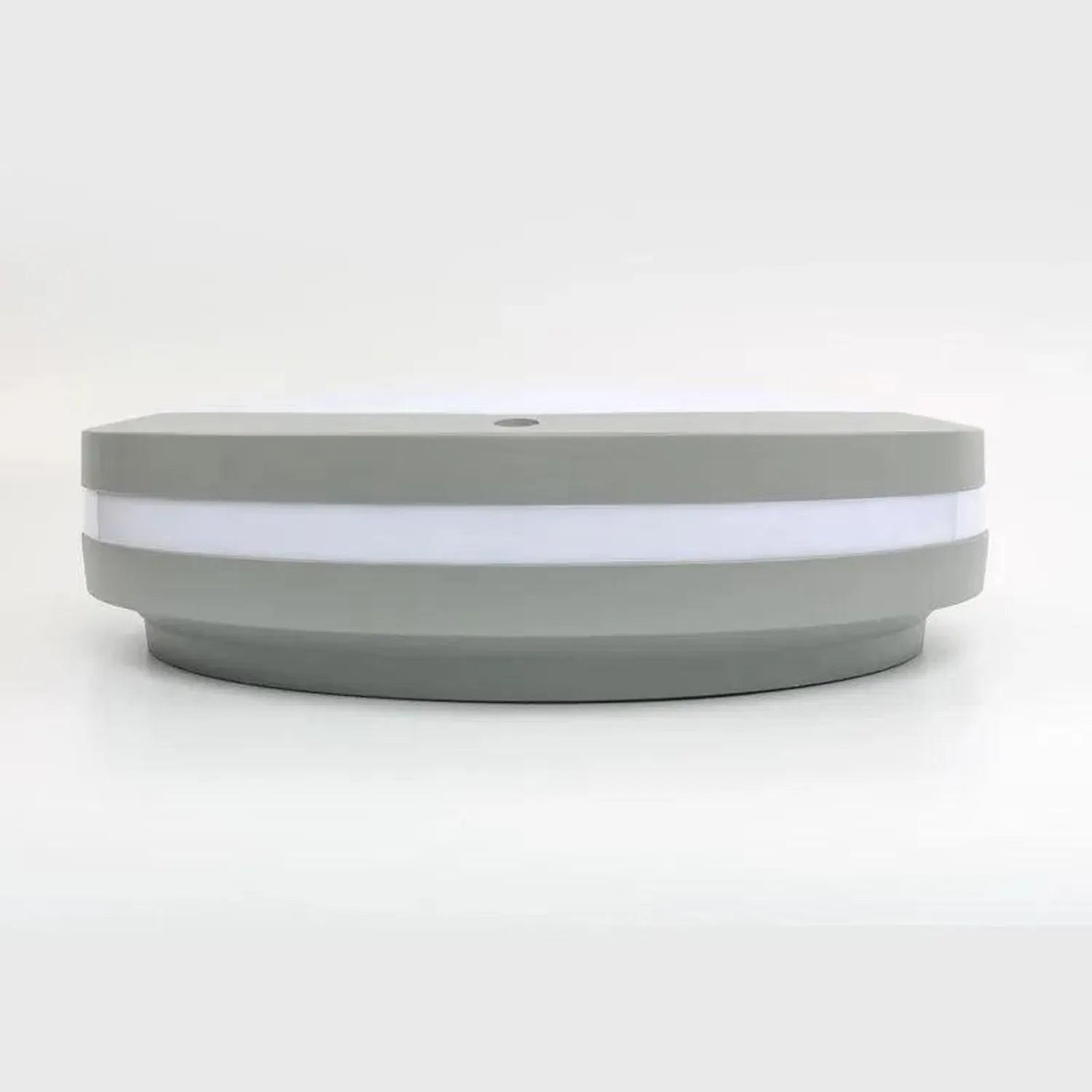 Circular gray and white LED wall light shown from the side against a white background.