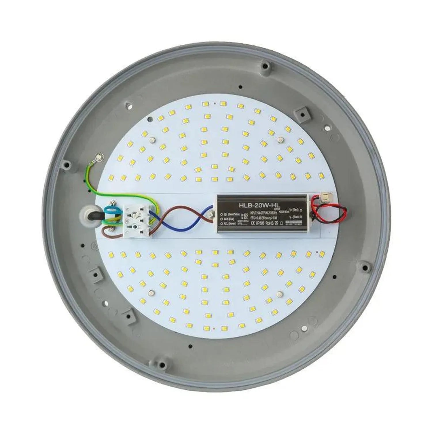 Interior view of round LED ceiling light showing circuit board, driver module HLB-20W-HL, and yellow LED chips mounted on whi