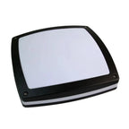 Black square outdoor LED wall light with frosted white diffuser and mounting hardware visible.