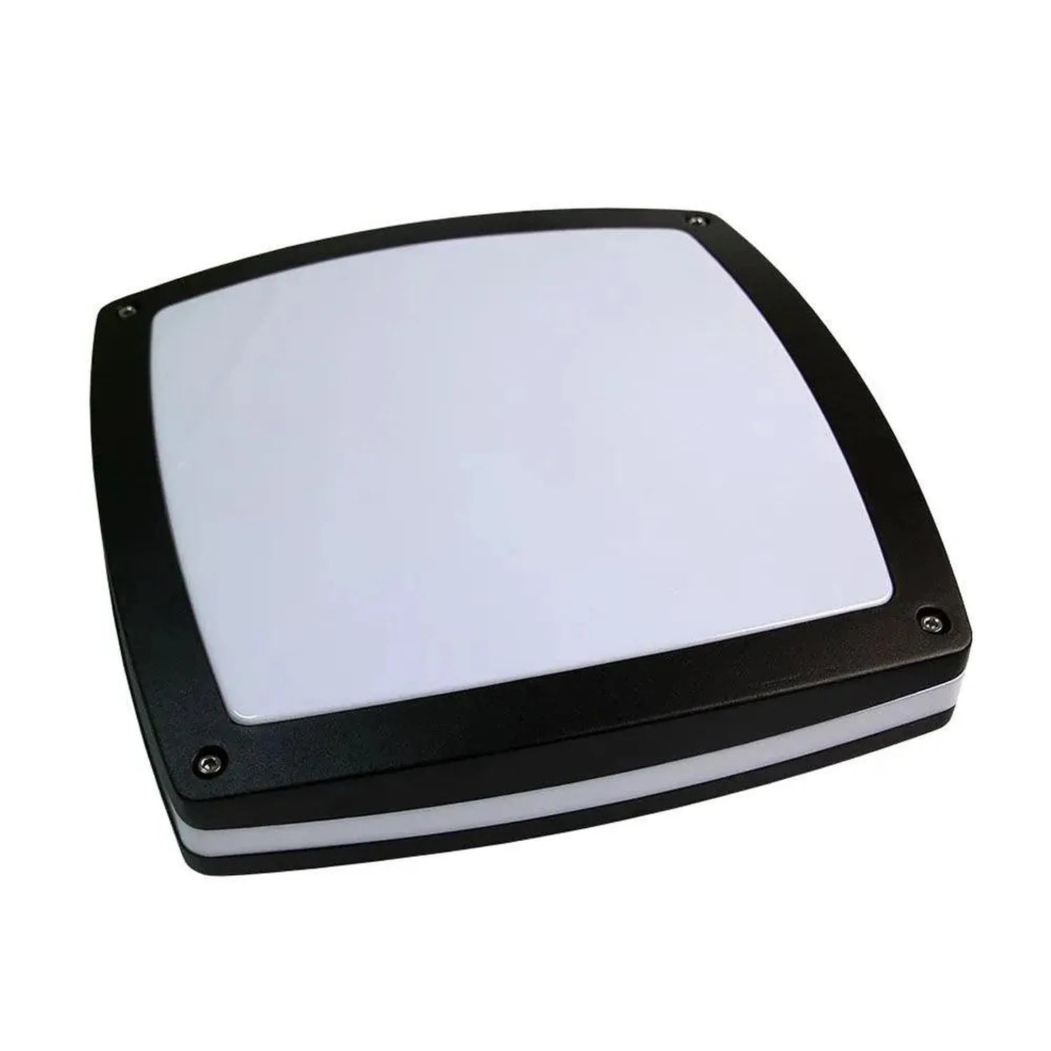 Black square outdoor LED wall light with frosted white diffuser and mounting hardware visible.
