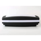 Black and white outdoor LED wall light with curved top and stepped base, shown against white background.