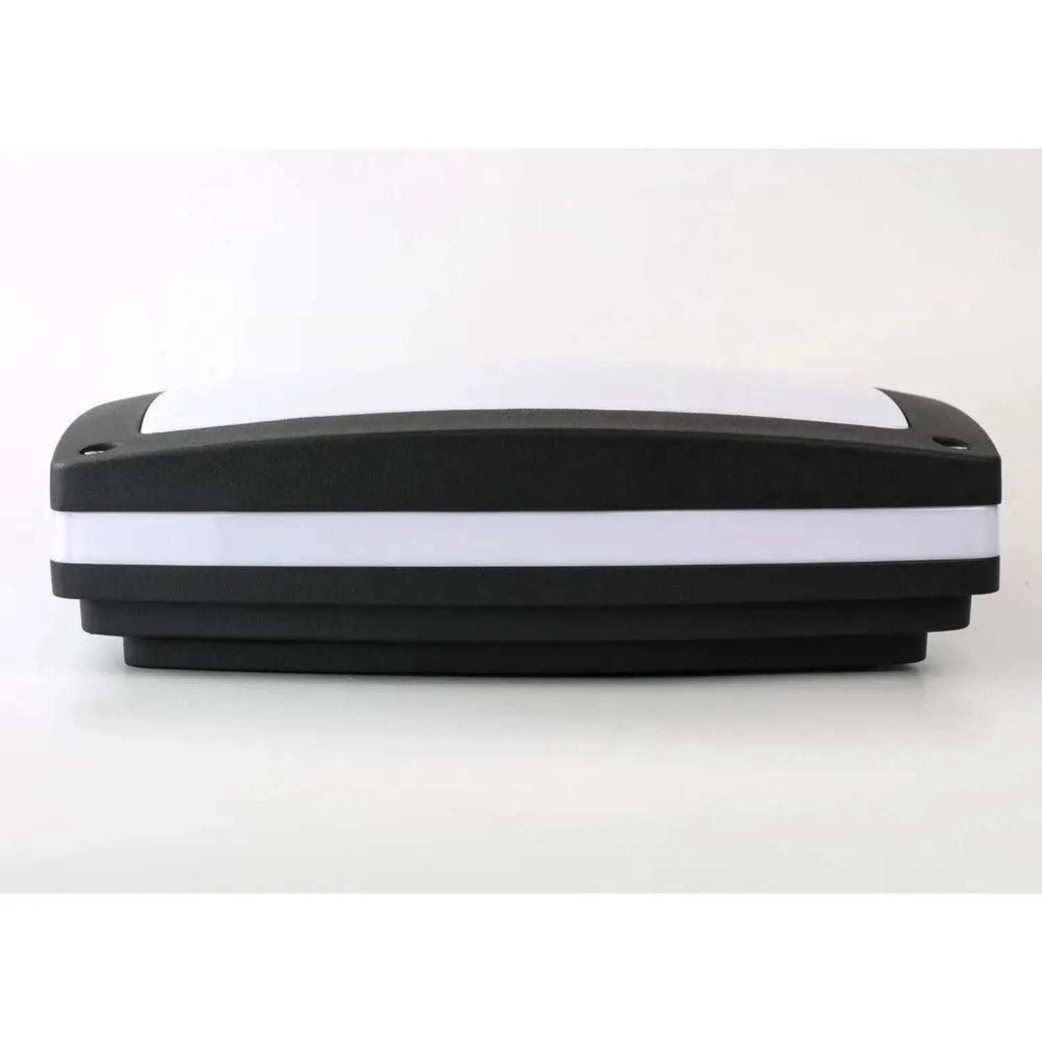 Black and white outdoor LED wall light with curved top and stepped base, shown against white background.