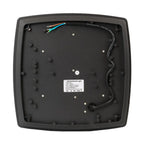 Back of LED bulkhead light showing internal wiring, mounting holes, and specification label with power and voltage ratings.