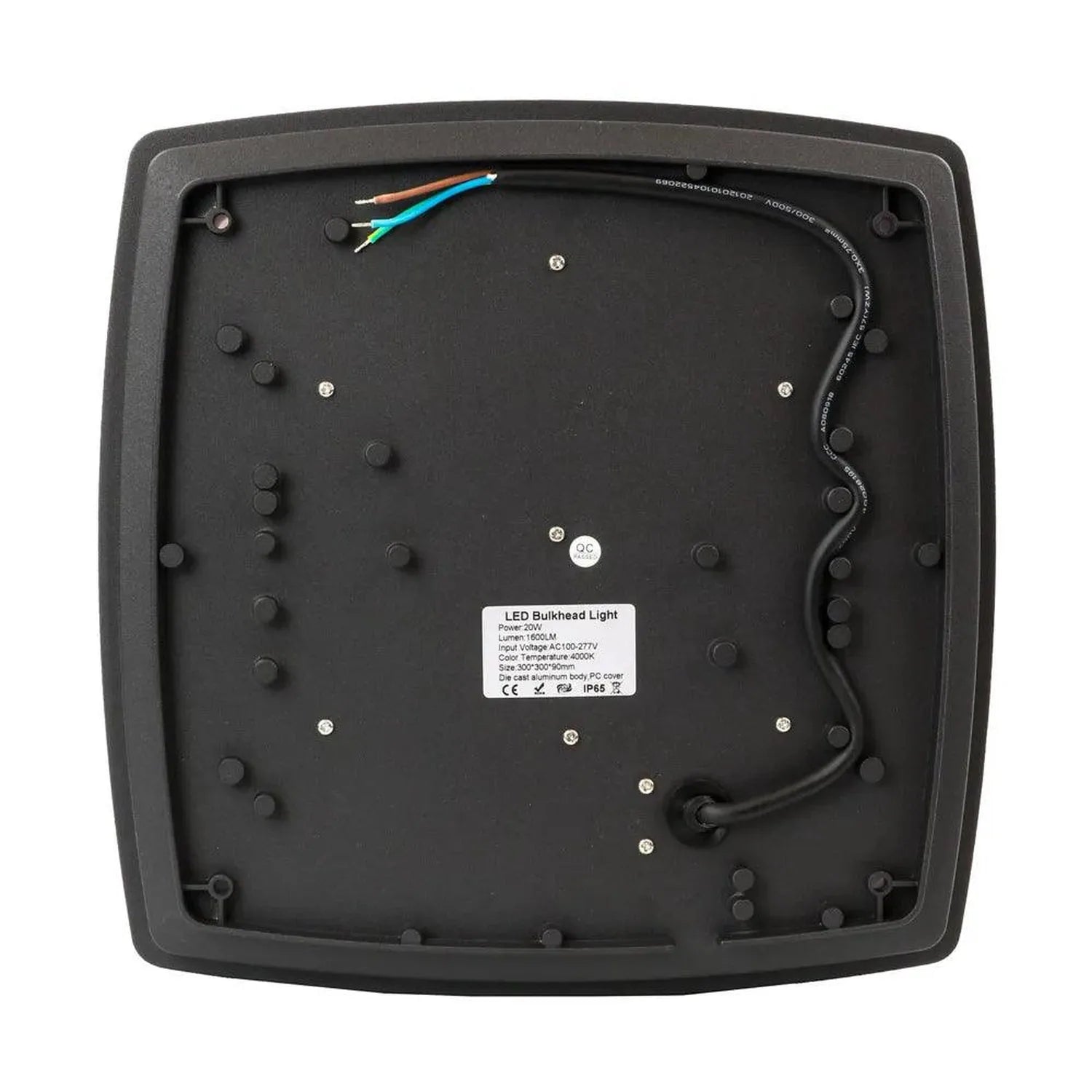Back of LED bulkhead light showing internal wiring, mounting holes, and specification label with power and voltage ratings.