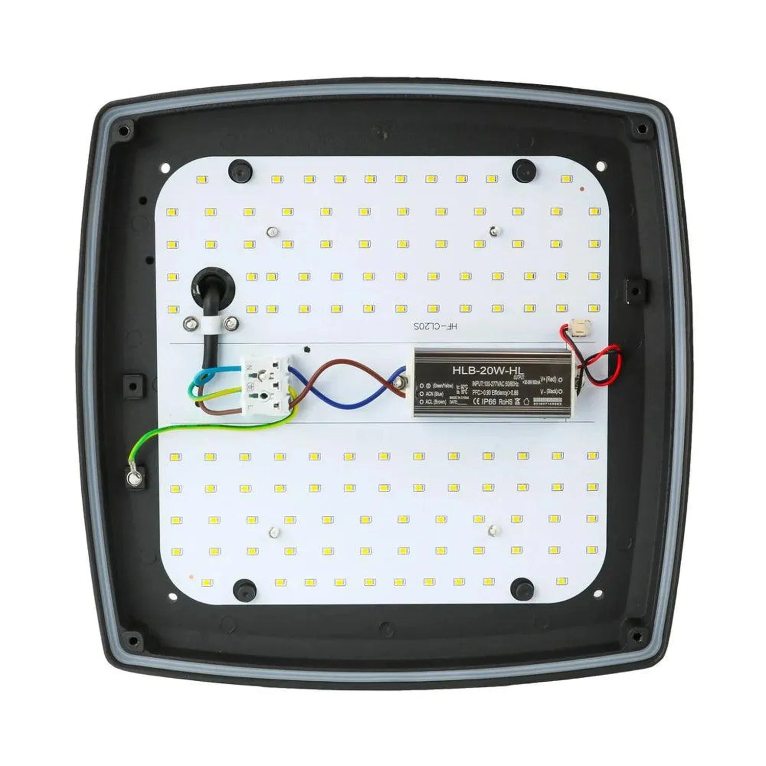 Interior view of LED wall light showing circuit board with SMD LEDs, driver module labeled HLB-20W-HI, and color-coded wiring