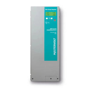 Mastervolt ChargeMaster 60 MPPT solar charge regulator with turquoise panel displaying digital readouts and control buttons.