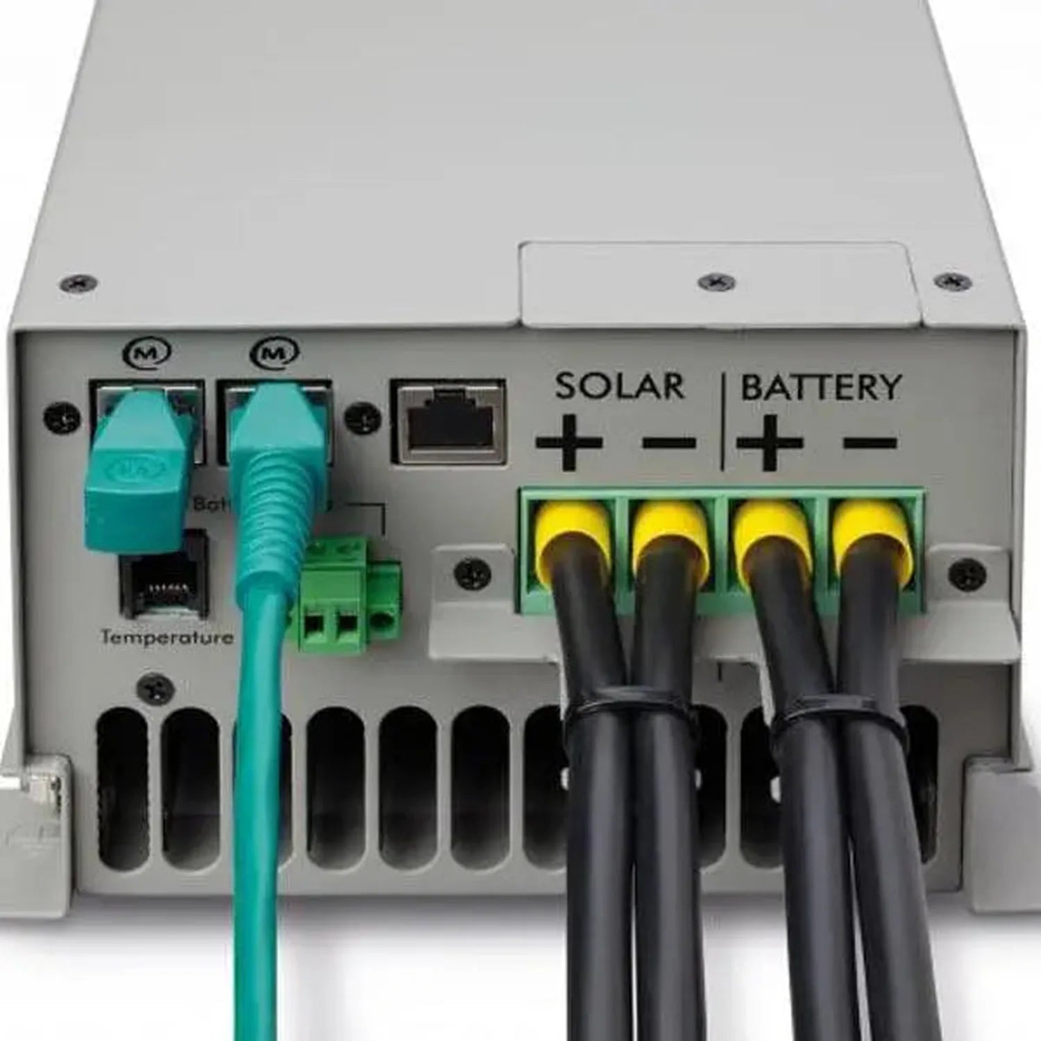 Mastervolt solar charge controller rear panel showing solar and battery terminal connections with green connectors and black 