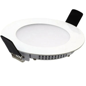 Round white LED recessed downlight with black connector terminal and spring clip visible on underside, isolated product shot.