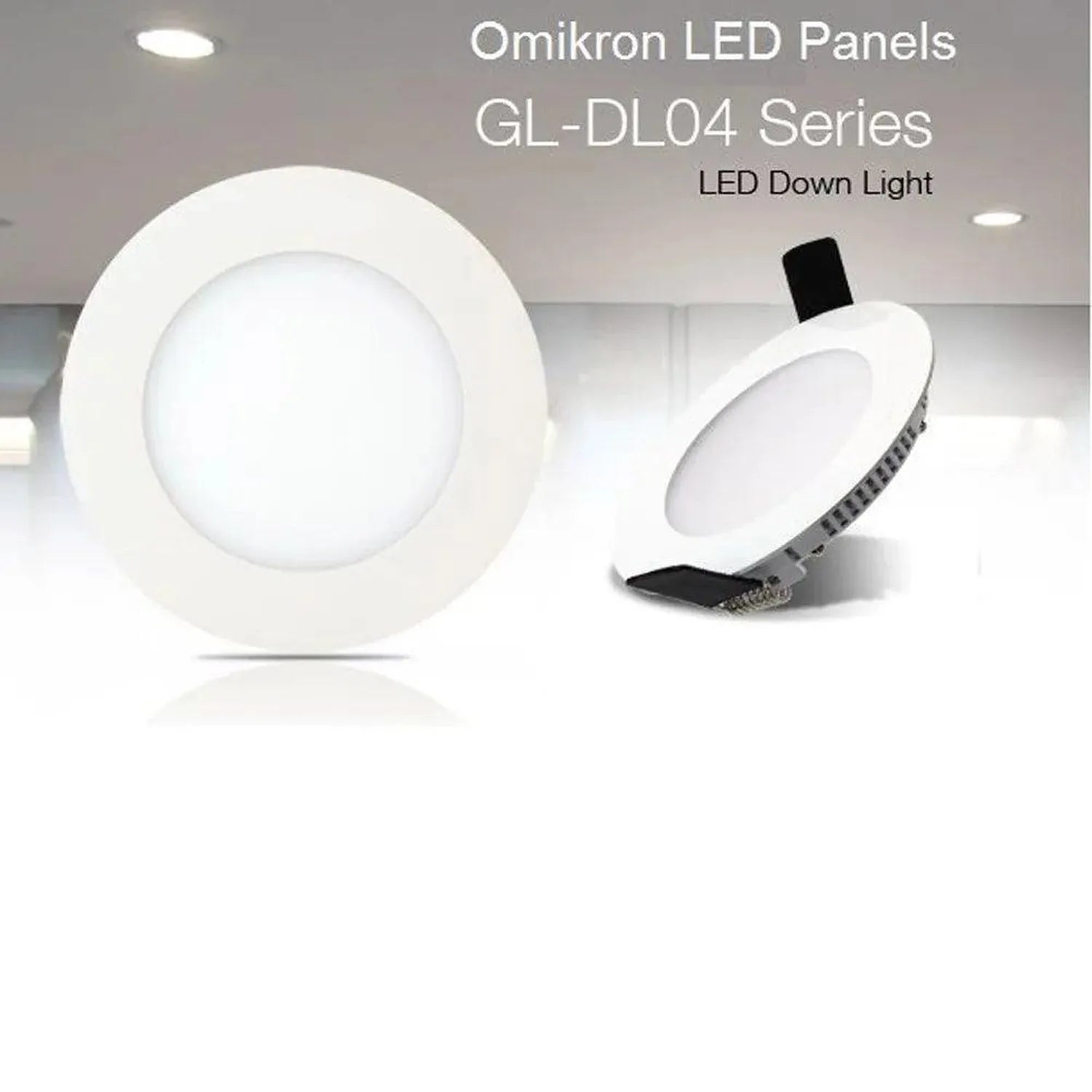 Omikron GL-DL04 Series LED down lights shown in recessed ceiling installation, displaying round white panel design from front