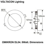 OMIKRON DL04 8Watt LED downlight technical drawing showing top and side dimensions: 75mm outer diameter, 107mm depth, 120mm t