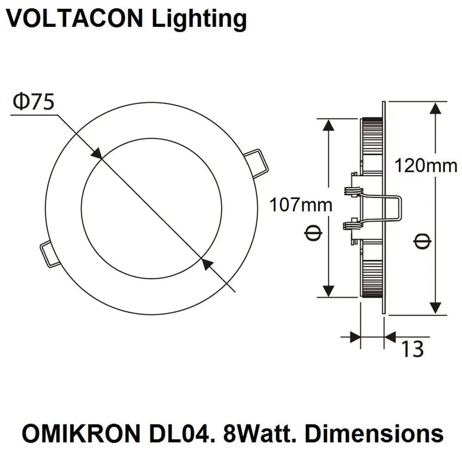 OMIKRON DL04 8Watt LED downlight technical drawing showing top and side dimensions: 75mm outer diameter, 107mm depth, 120mm t