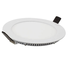 White round LED recessed downlight with black terminal connector and grey mounting ring, shown against plain background.