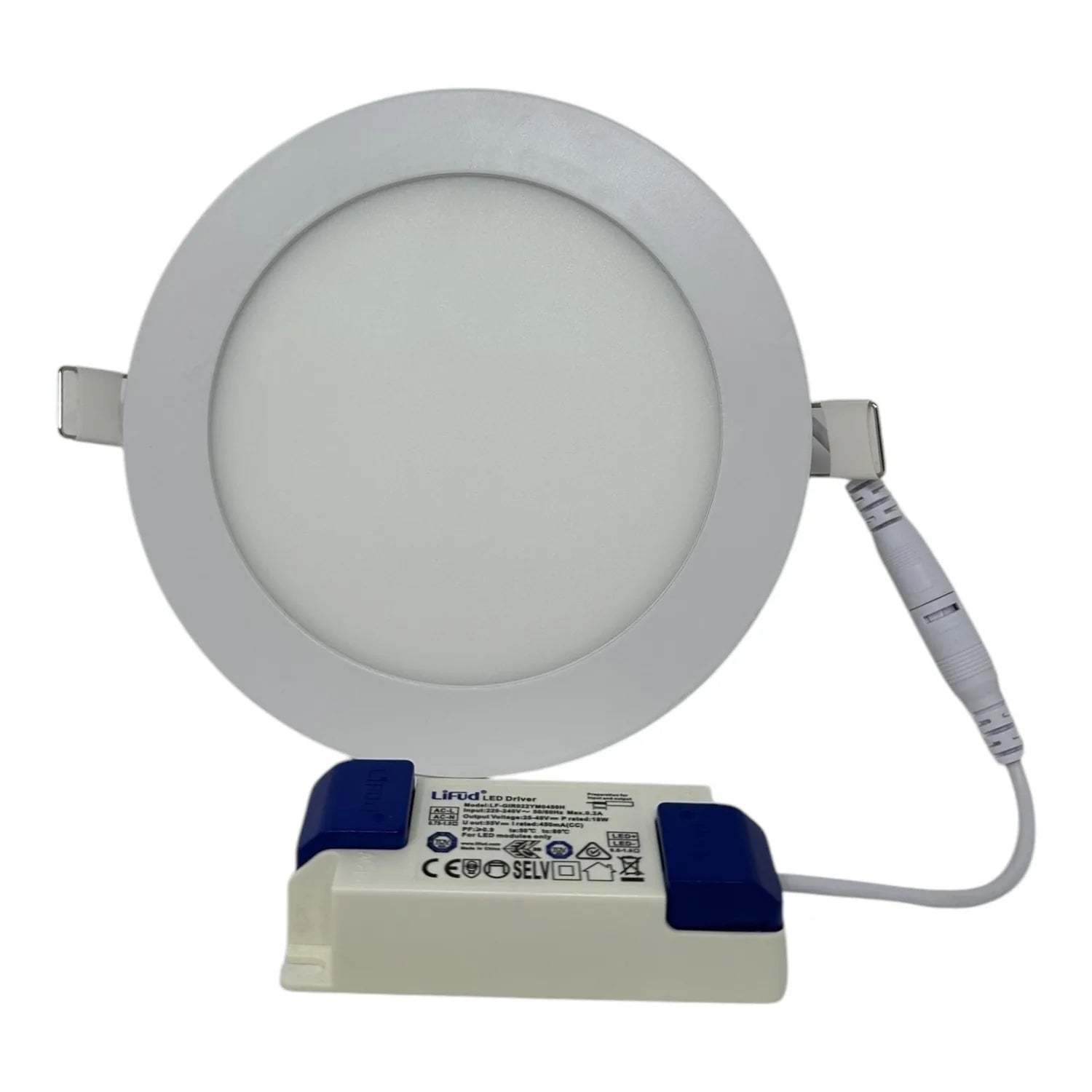 Round LED panel light with gray trim ring and white diffuser, mounted on white LED driver unit with blue accents and power ca