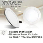 Omikron GL-DL06 LED panel downlights shown from side and front angles with specifications for standard, sensor, and dimmable 