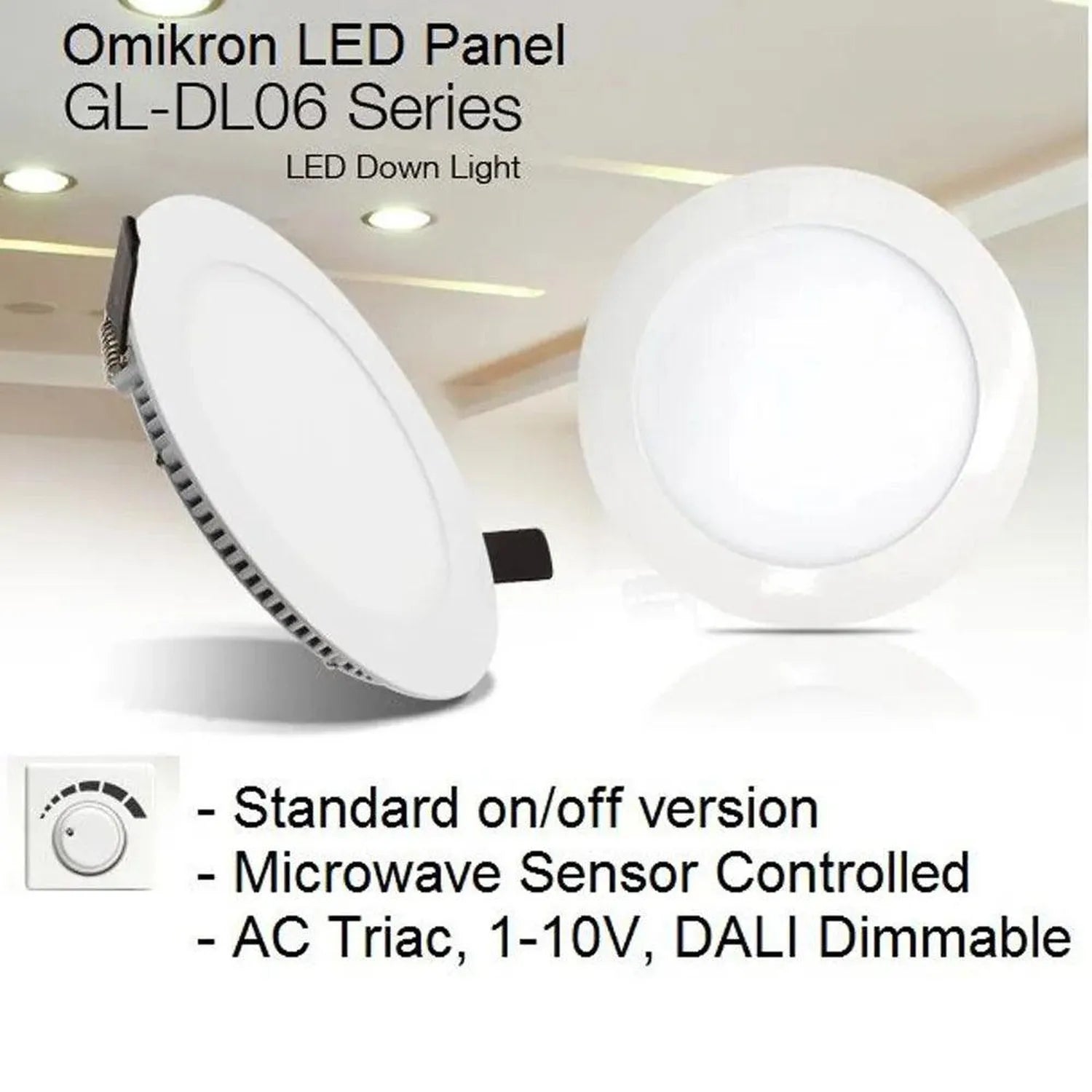 Omikron GL-DL06 LED panel downlights shown from side and front angles with specifications for standard, sensor, and dimmable 