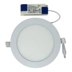 Round LED panel light with driver unit and power cable shown separately on white background.