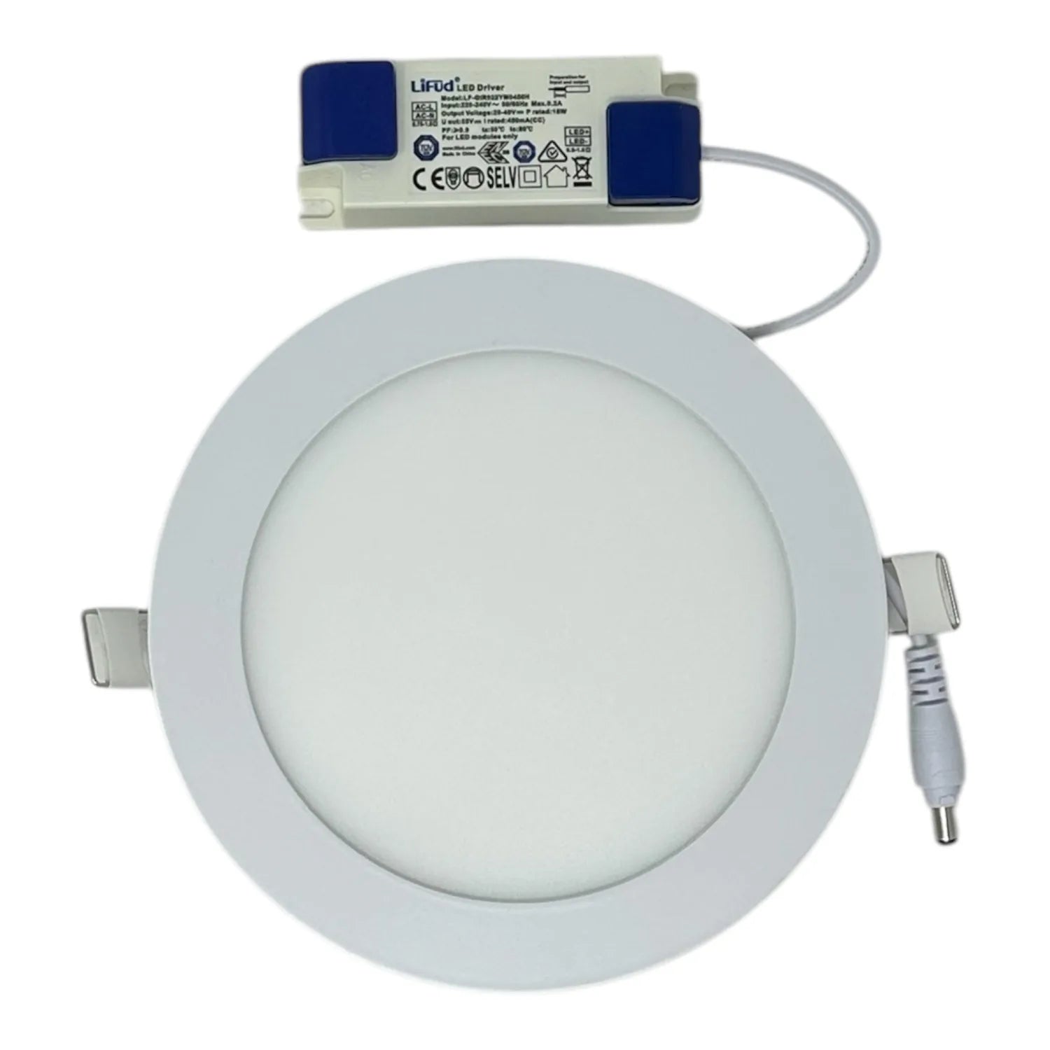 Round LED panel light with driver unit and power cable shown separately on white background.