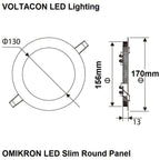 OMIKRON LED Slim Round Panel technical dimension diagram showing 130mm diameter, 156mm depth, and 170mm total height specific