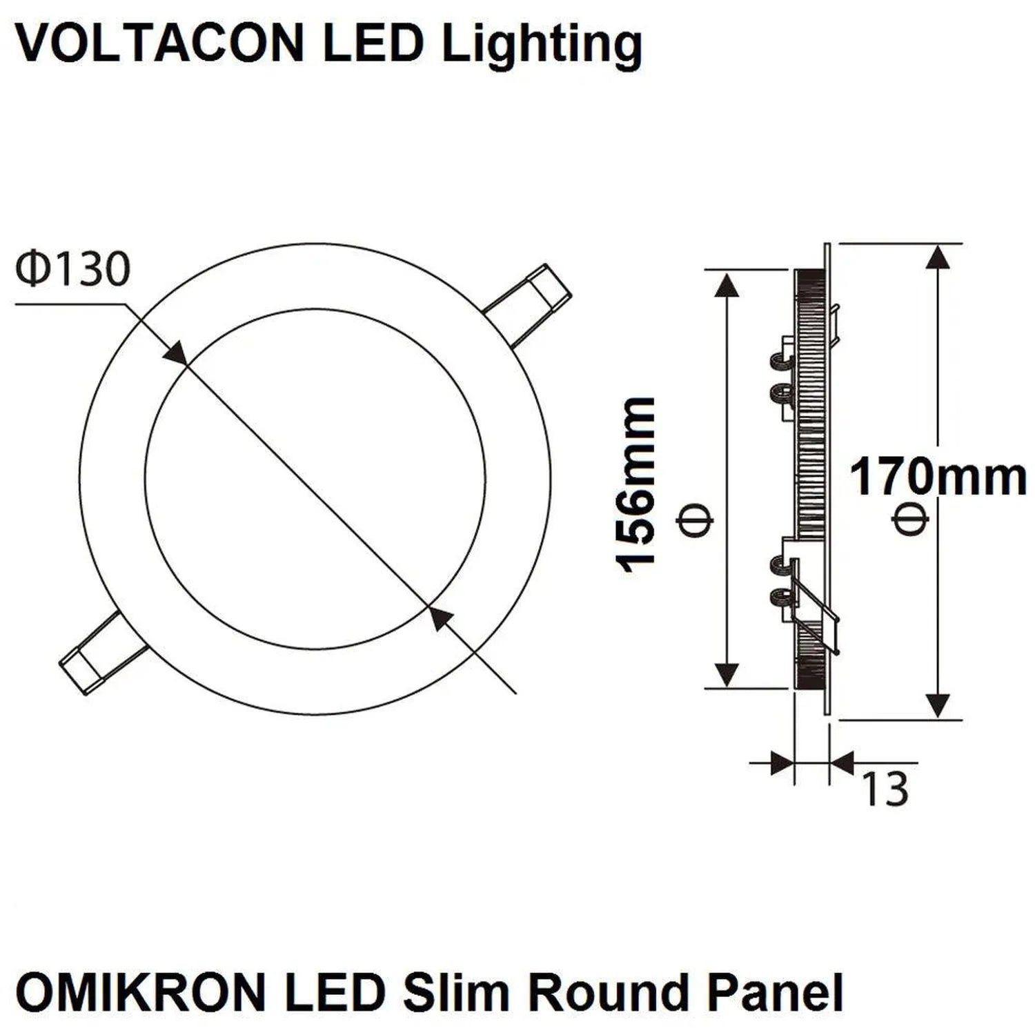 OMIKRON LED Slim Round Panel technical dimension diagram showing 130mm diameter, 156mm depth, and 170mm total height specific
