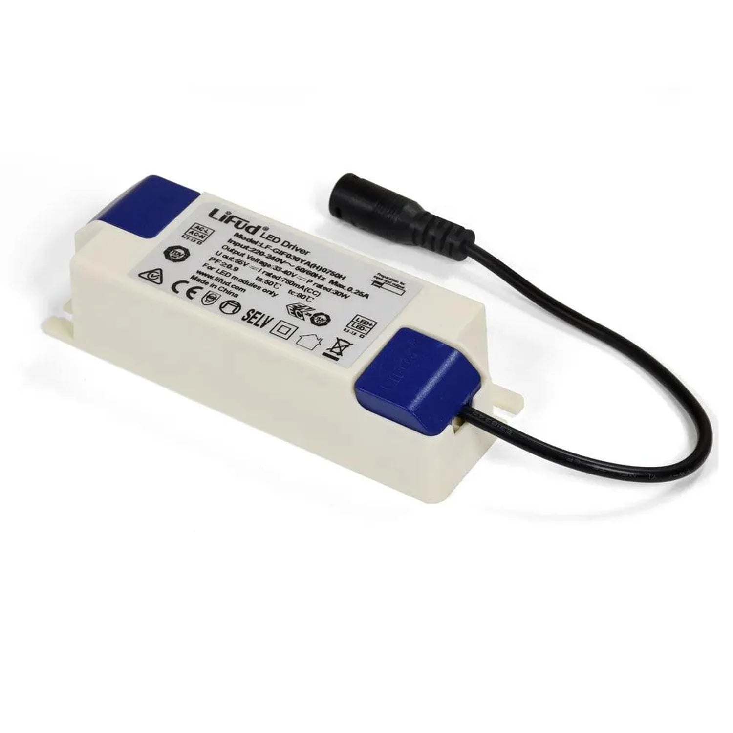 LIFUD LED driver unit with cream plastic housing, blue end caps, and attached black power cord against white background.