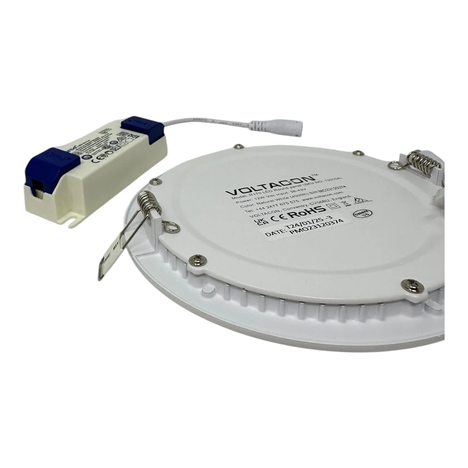 Voltacon 12W LED round panel light with driver unit, showing recessed downlight fixture and power supply cable.