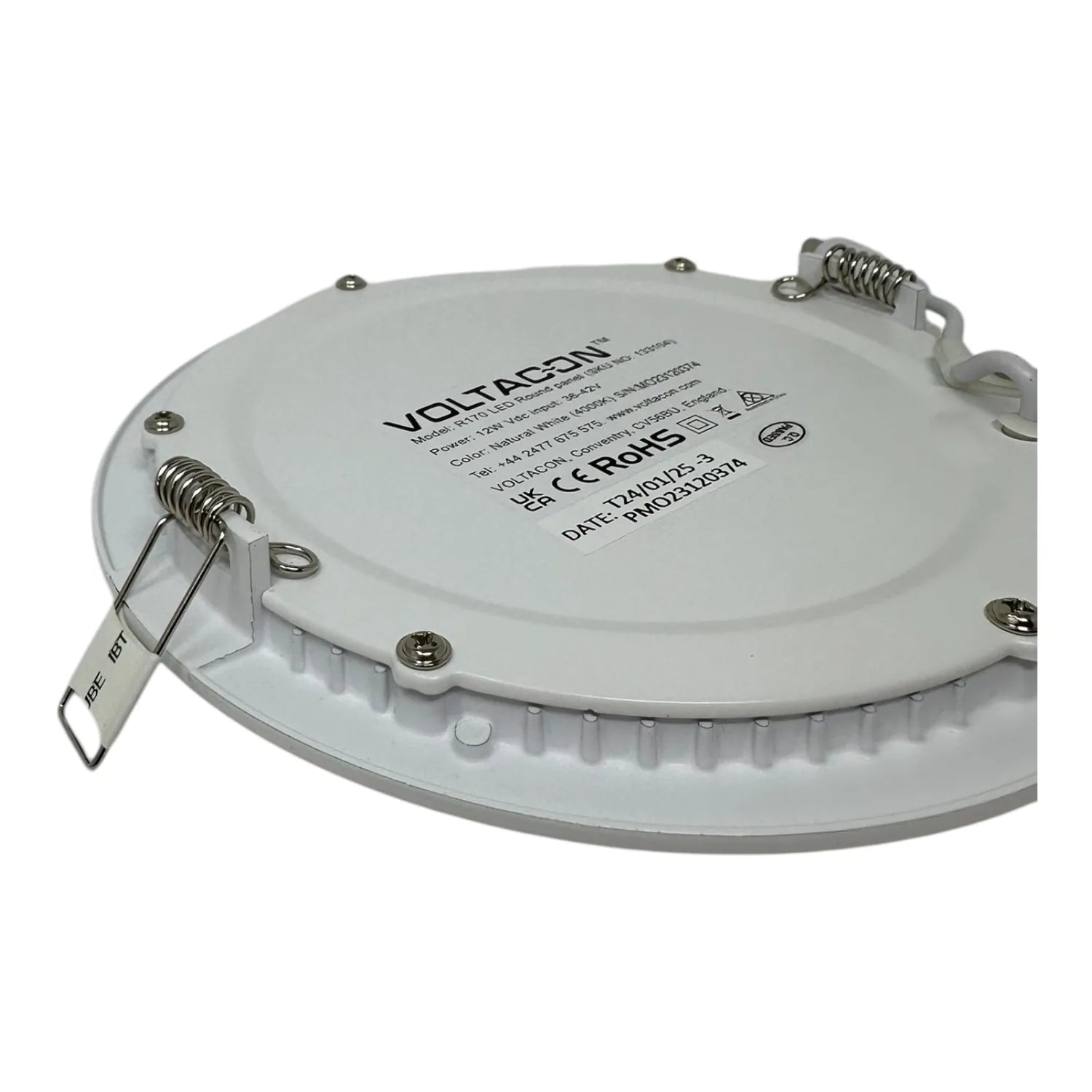 Voltacon LED round panel light viewed from back, showing white casing, mounting springs, wiring terminals, and certification 