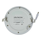 Back of white round LED panel light showing specifications, mounting brackets, and power cable connector.