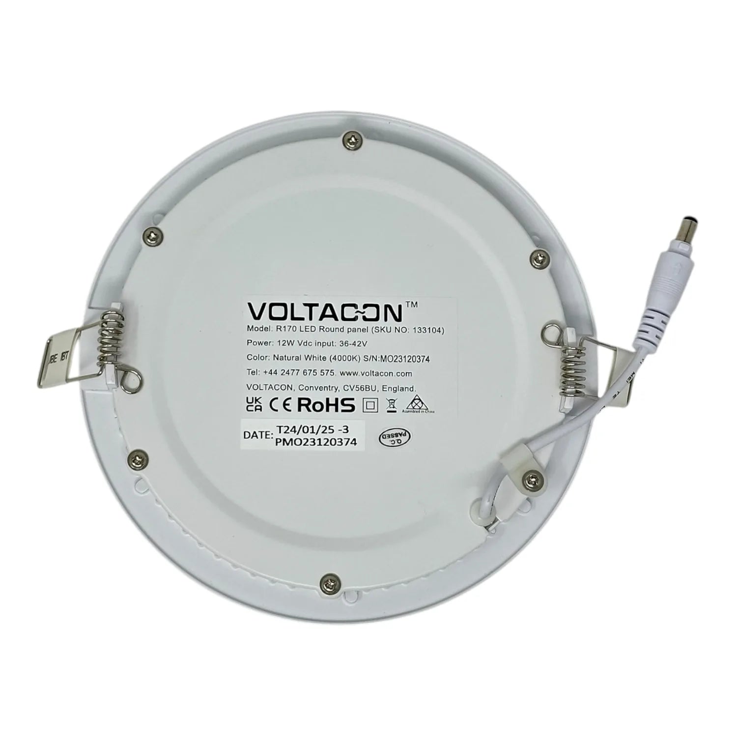 Back of white round LED panel light showing specifications, mounting brackets, and power cable connector.