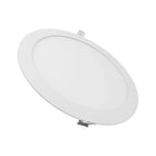 White round recessed LED panel light with mounting bracket, shown at an angle against a white background.
