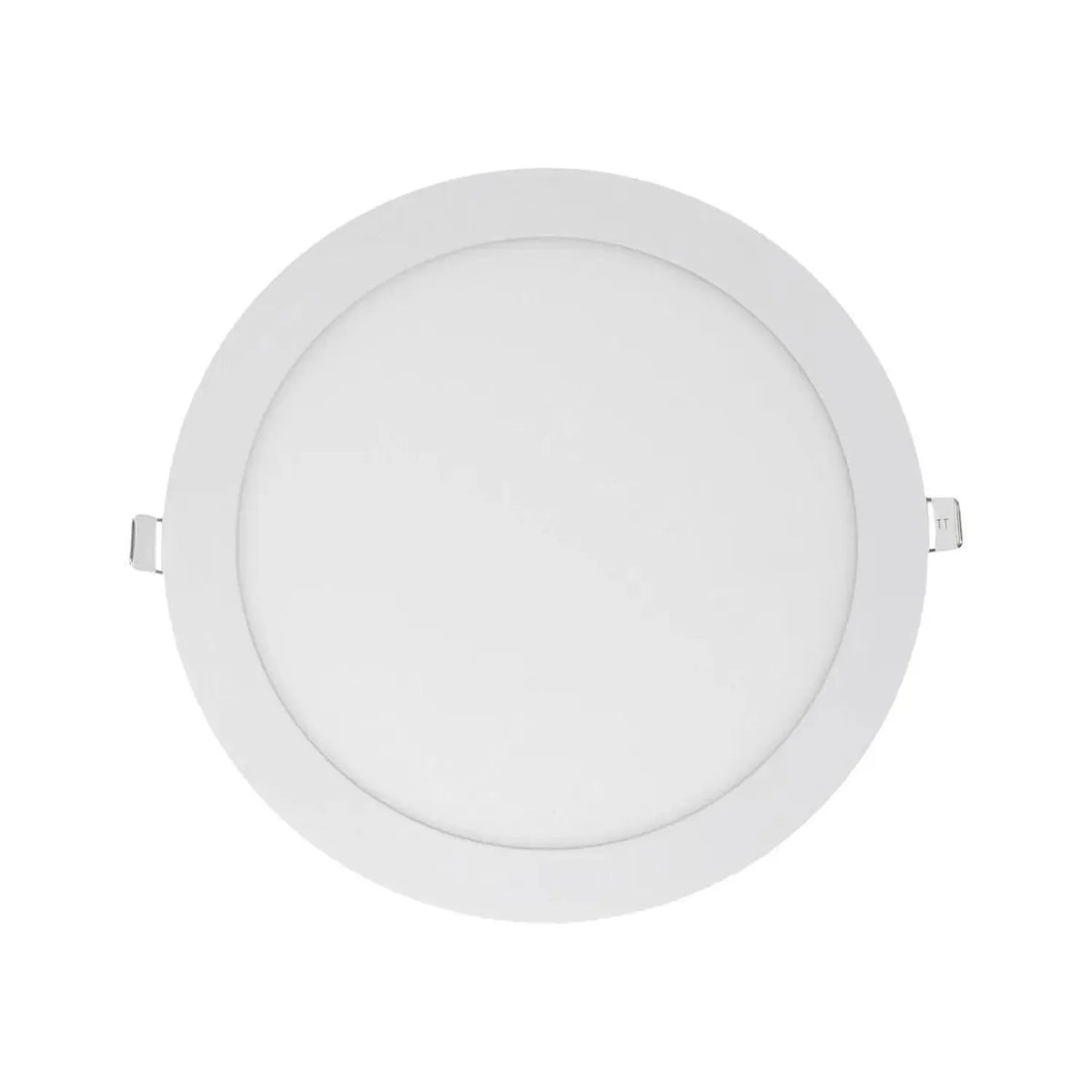 White round recessed LED panel light with slim profile and mounting brackets, viewed from front against white background.