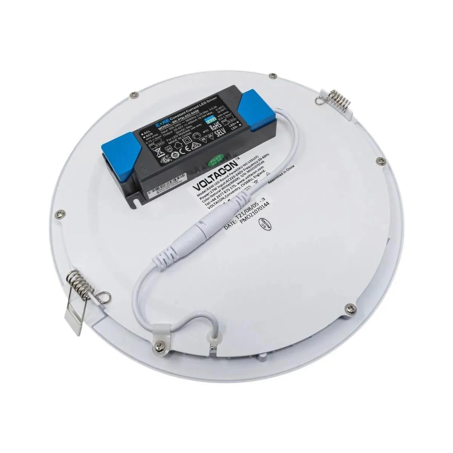 Rear view of round LED panel light showing white housing, power supply with blue terminals, and white connector cable.