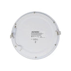 Back view of white circular LED panel light showing manufacturer label, specifications, power cord, and mounting hardware wit