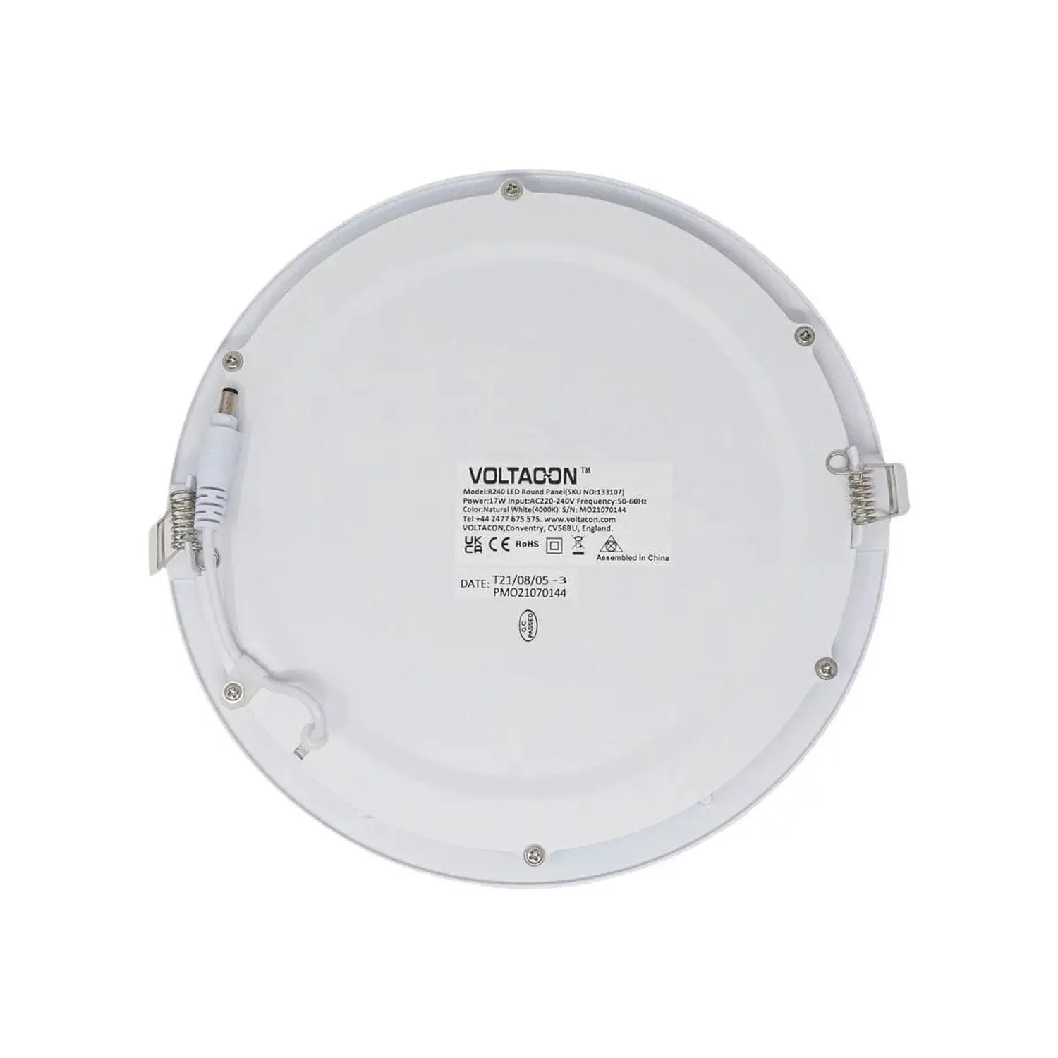 Back view of white circular LED panel light showing manufacturer label, specifications, power cord, and mounting hardware wit